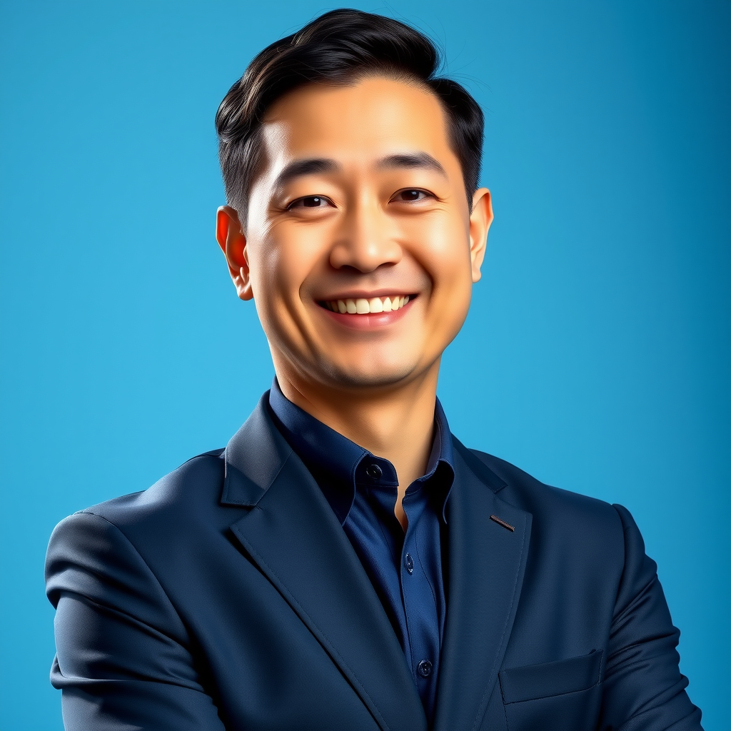 Professional headshot of Dr. Marcus Chen, Director of Educational Programs at Berru Charitable Foundation, wearing a navy suit and warm smile, photographed against a soft blue background
