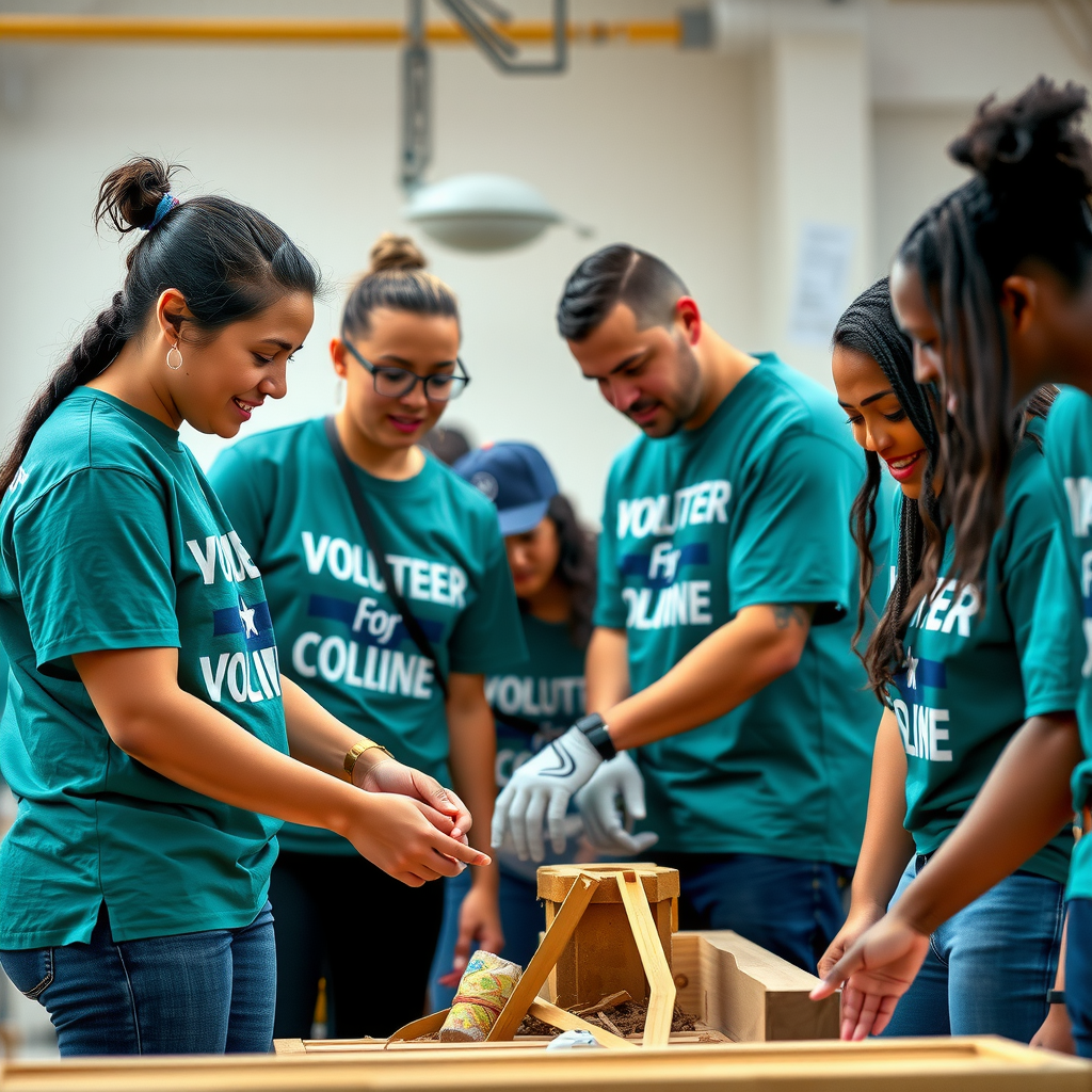 Diverse group of volunteers working together at a community service project, wearing matching volunteer shirts, collaborating on building or organizing activities, showing teamwork and community engagement