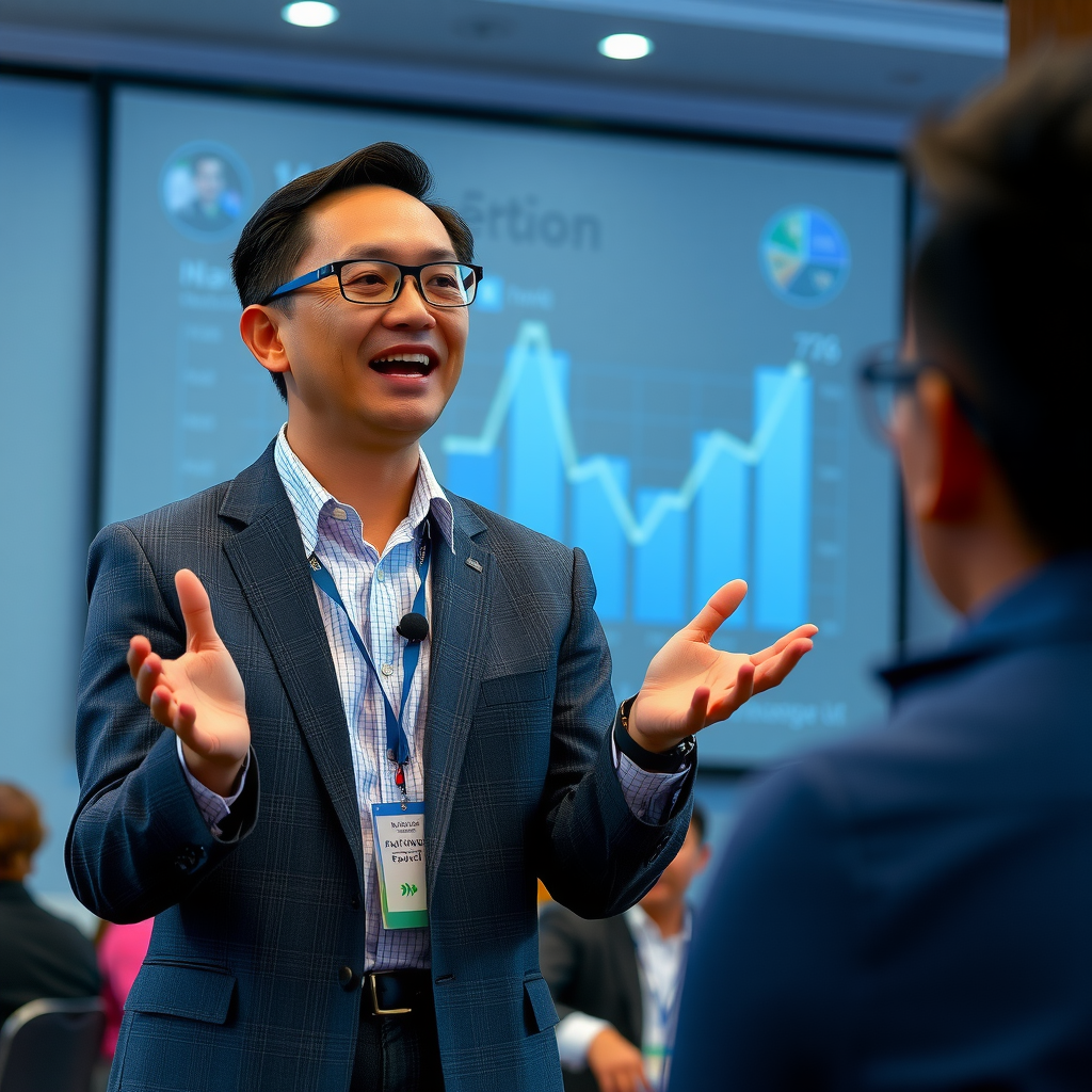 Dr. Marcus Chen speaking at an educational conference, gesturing enthusiastically while presenting data on scholarship program outcomes to an engaged audience of educators and philanthropists