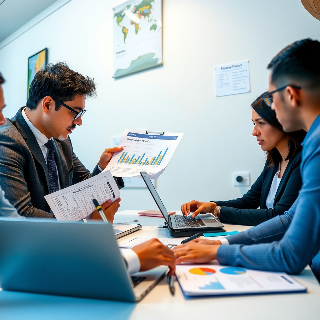 Professional meeting scene showing James Rodriguez reviewing financial documents and charts with foundation board members around a conference table, with laptops and financial reports visible, conveying collaborative strategic planning