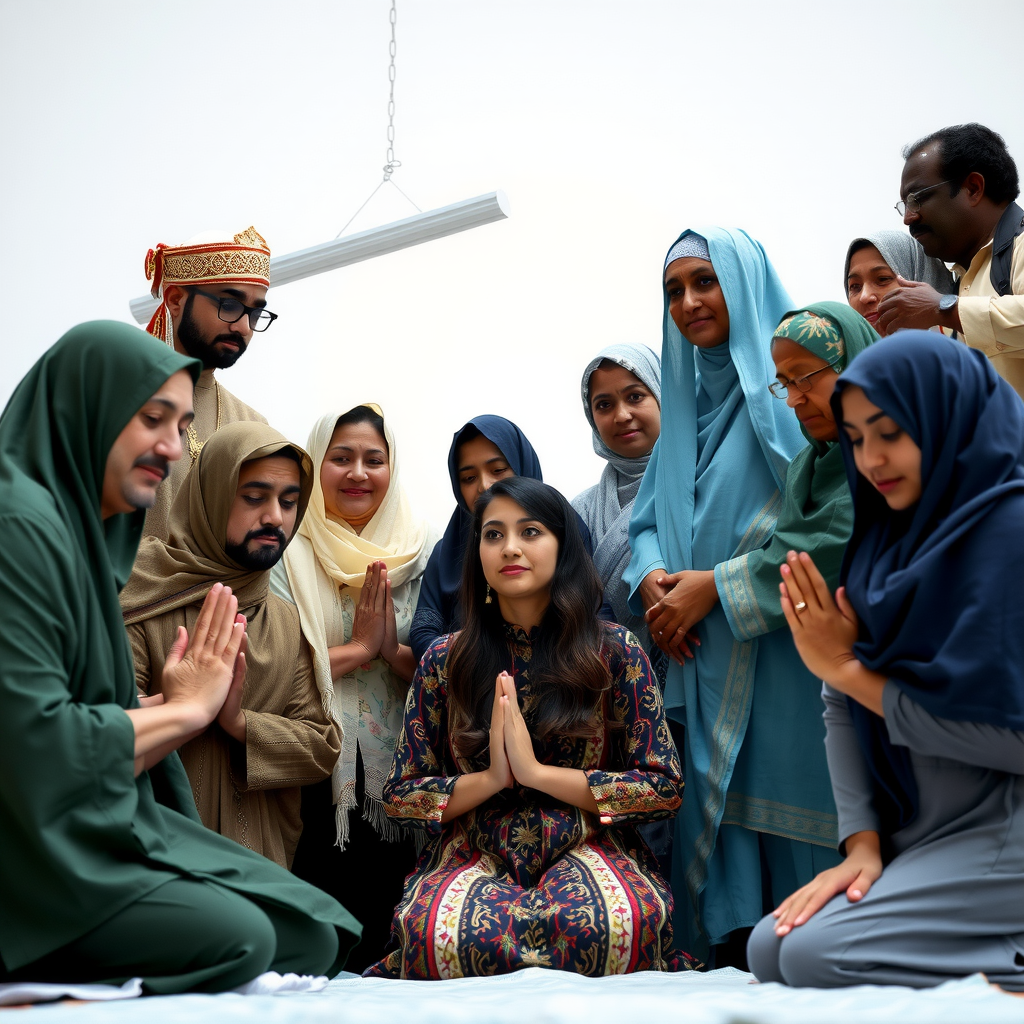 Diverse group of people from different religious backgrounds and faiths coming together in unity, some in prayer position, others engaged in community service activities, representing interfaith collaboration and spiritual harmony