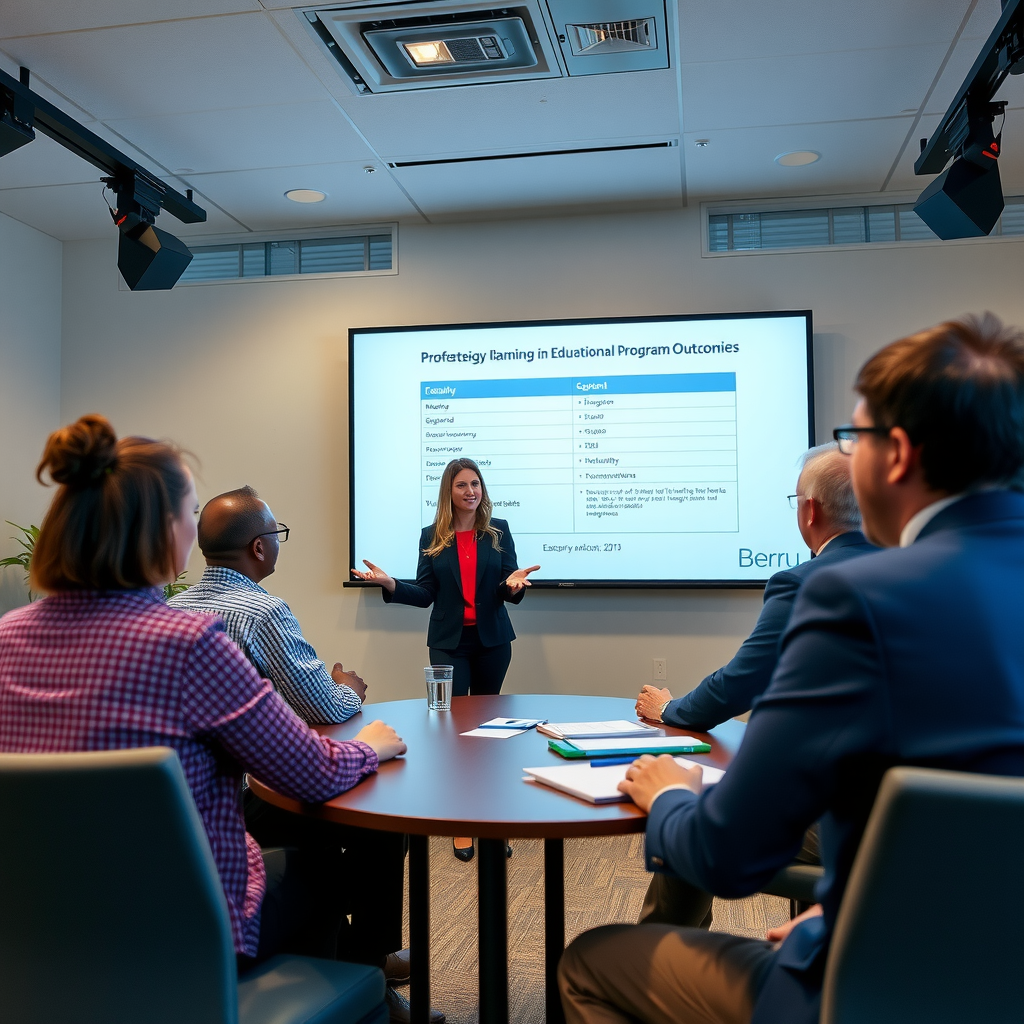 Sarah Mitchell leading a strategic planning session with Berru Charitable Foundation board members, reviewing educational program outcomes on a large presentation screen