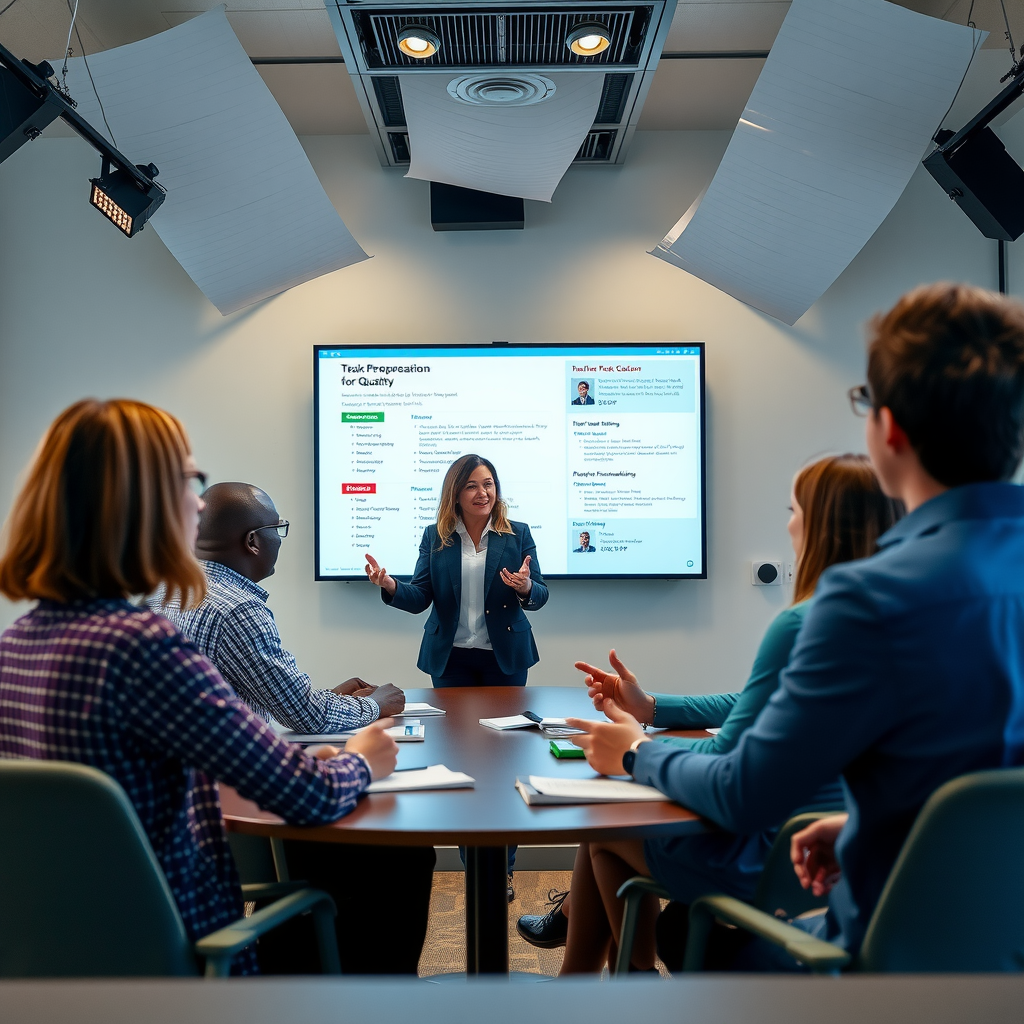 Rebecca Thompson leading a team meeting with foundation staff, discussing grant proposals displayed on a large screen, with diverse team members engaged in collaborative discussion