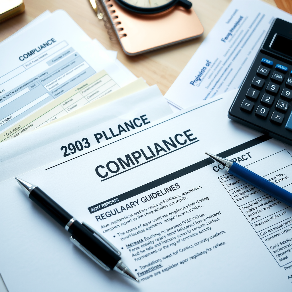 Close-up of organized compliance documents, IRS Form 990, financial audit reports, and regulatory guidelines on a desk with a calculator and pen, representing meticulous attention to regulatory requirements