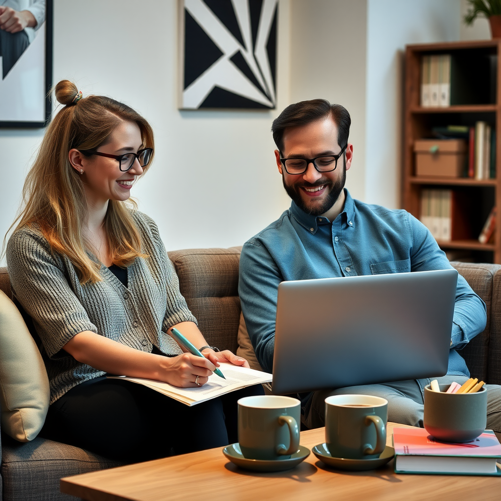 Warm scene of a mentor meeting with a scholarship recipient in a comfortable study space, both looking at a laptop together with encouraging expressions, books and coffee cups on the table, representing personalized academic support and guidance