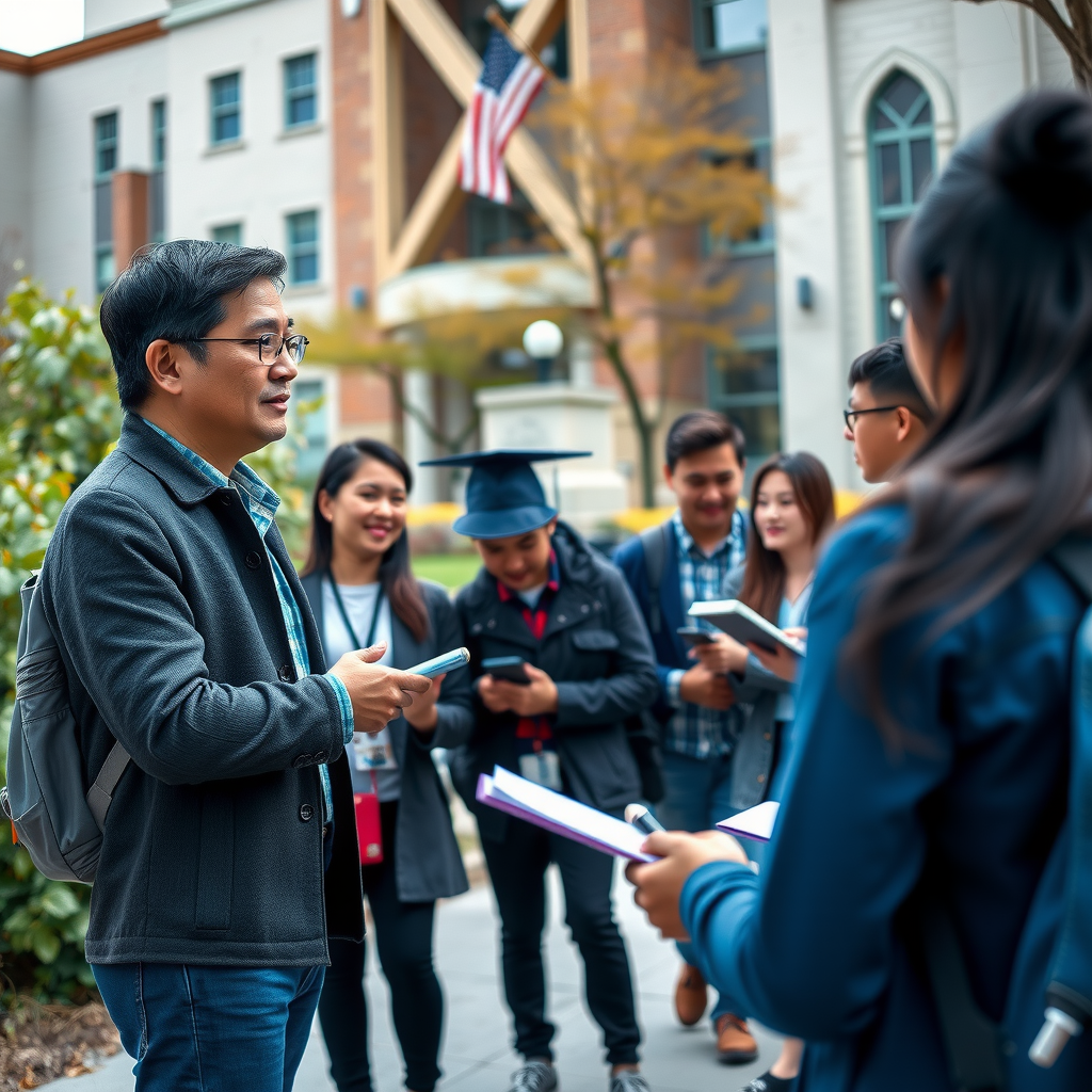 Dr. Marcus Chen leading a group of high school students on a college campus tour, pointing toward university buildings while students take notes and ask questions about higher education opportunities