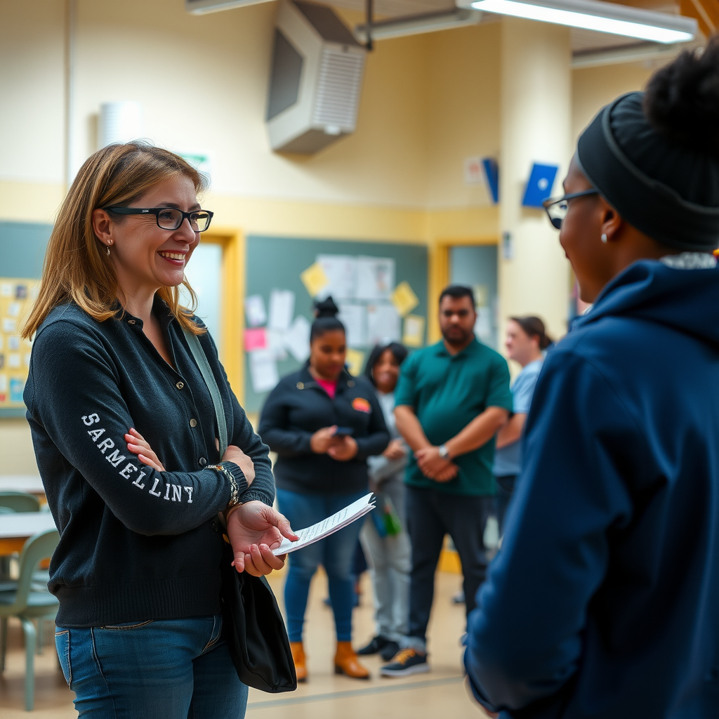 Rebecca Thompson conducting a site visit at a community center, speaking with program participants and staff members, observing a youth education program in action