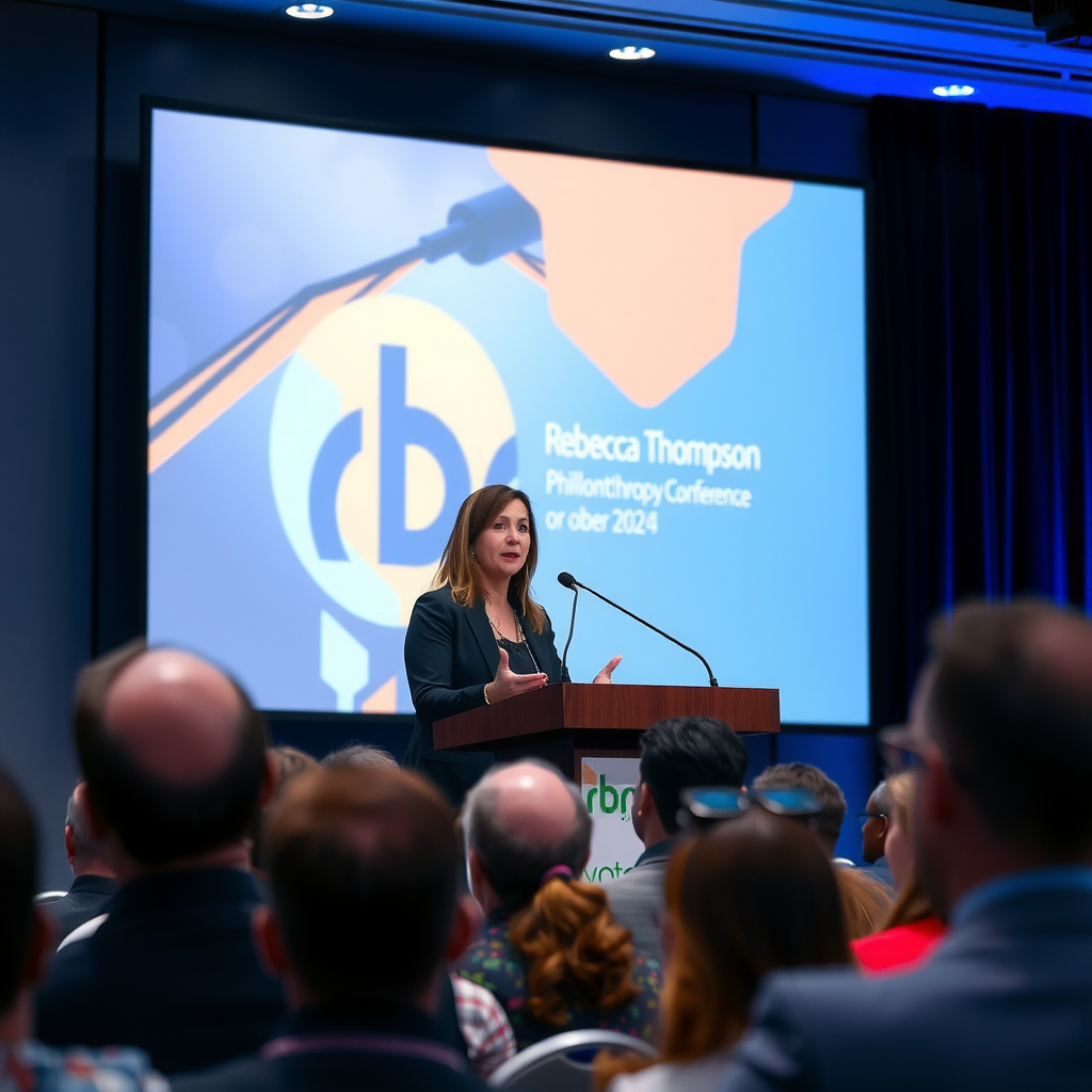 Rebecca Thompson presenting at a philanthropy conference, standing at a podium with a presentation slide visible behind her, engaging with an audience of foundation professionals