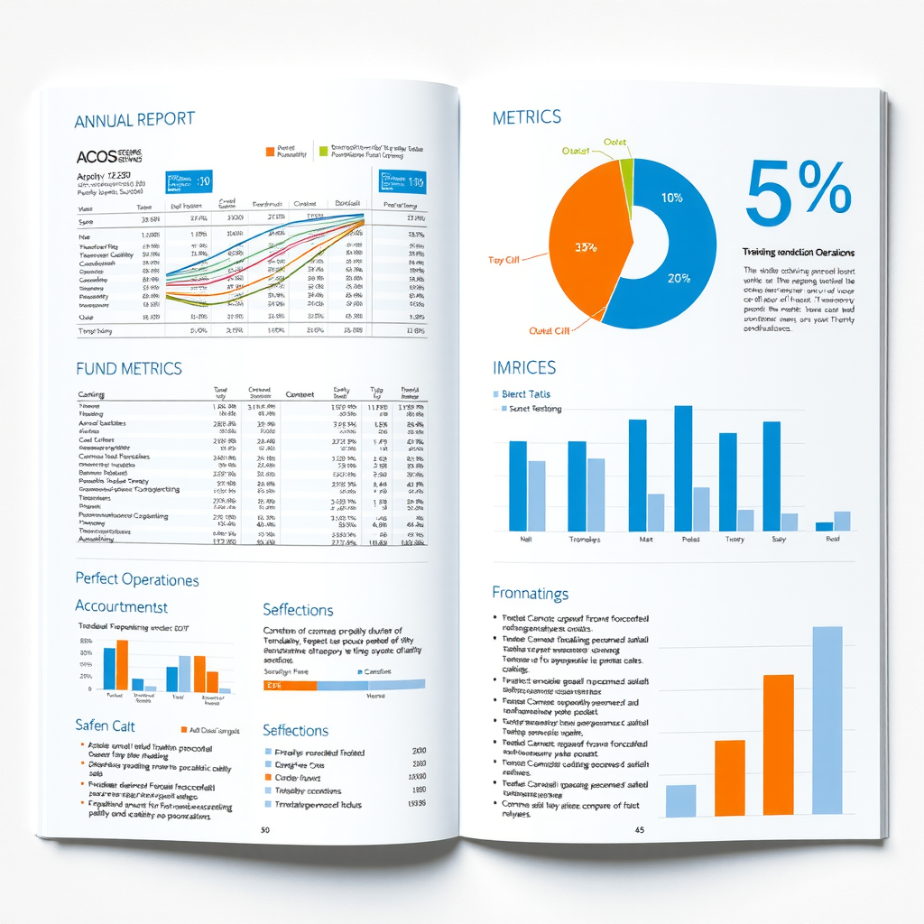 Professional annual report layout showing clear financial statements, pie charts of fund allocation, impact metrics, and transparent disclosure of foundation operations, representing commitment to accountability